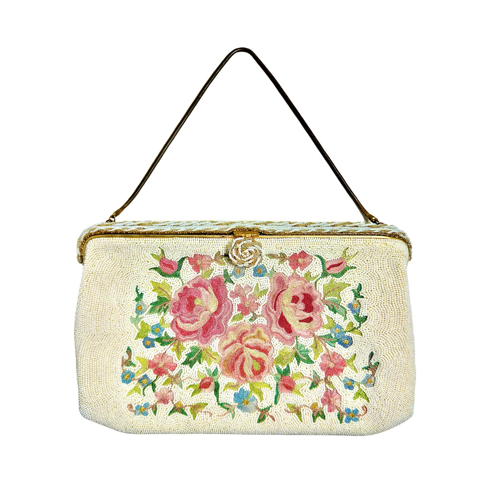 Antique Hand Beaded French Point de Beauvais Purse Roses Floral Bridal Vintage